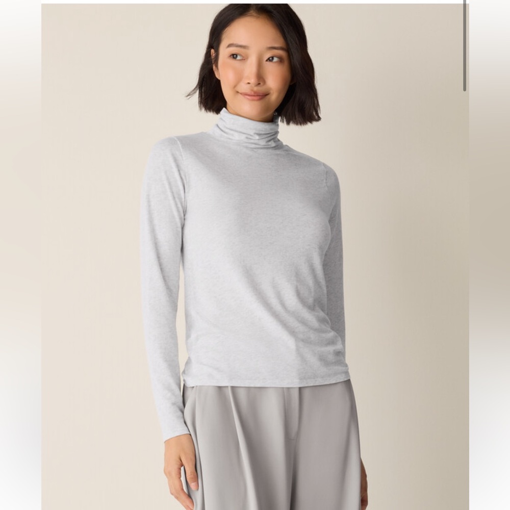 NWT Eileen Fisher Sheer Knit Tencel Top L Nimbus Lightweight Turtleneck